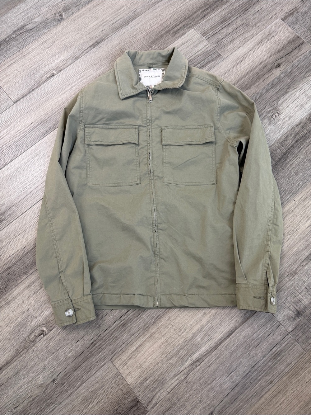 Denim & Flower Military-Style Field Jacket in Olive Green
